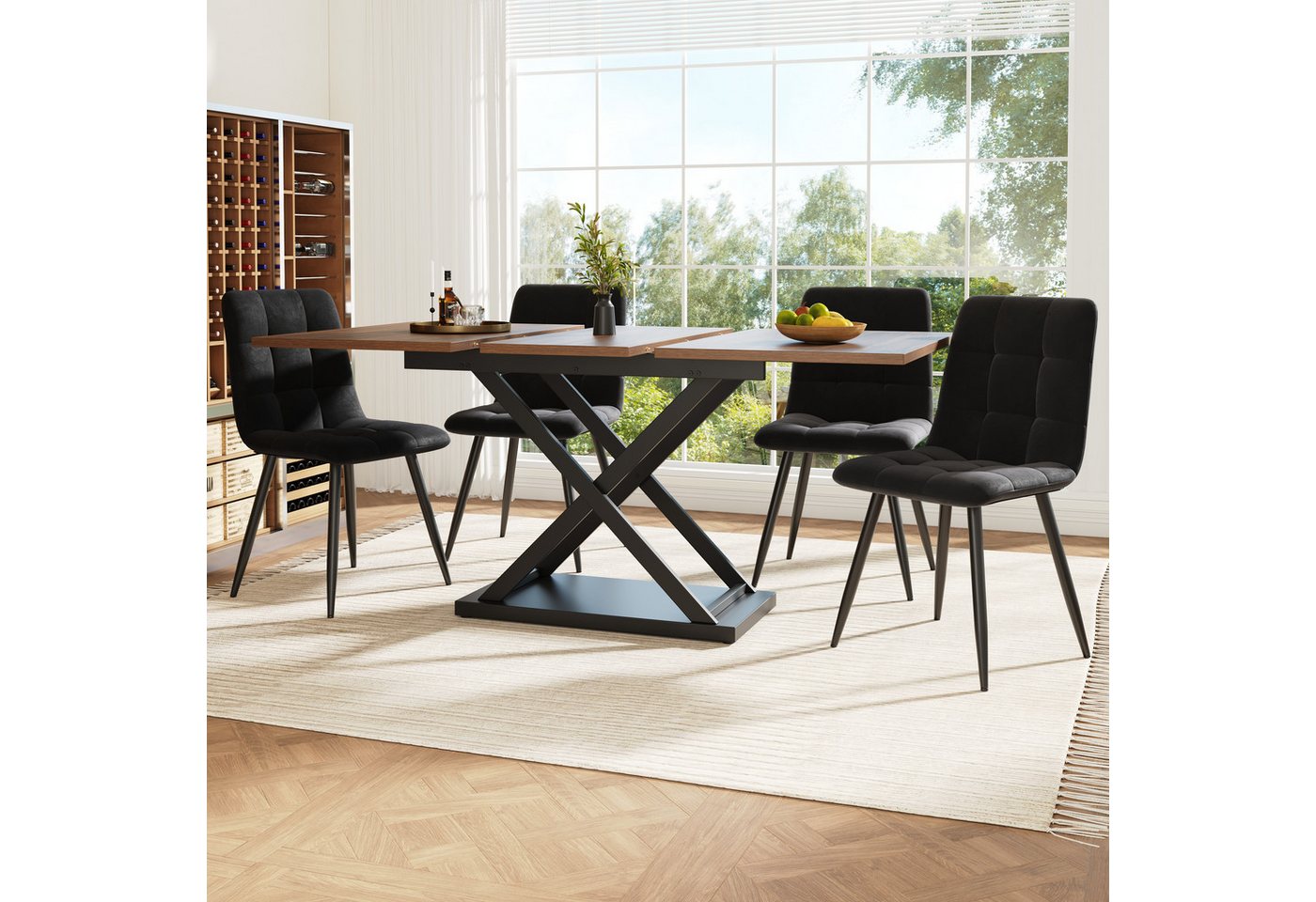 Flieks Essgruppe, (Set, 5-tlg., 120-160x80cm Tischplatte), ausziehbar Esstisch mit 4 Stühlen Set Küchetisch Esszimmerstuhl Samt – Bild 2 von 5