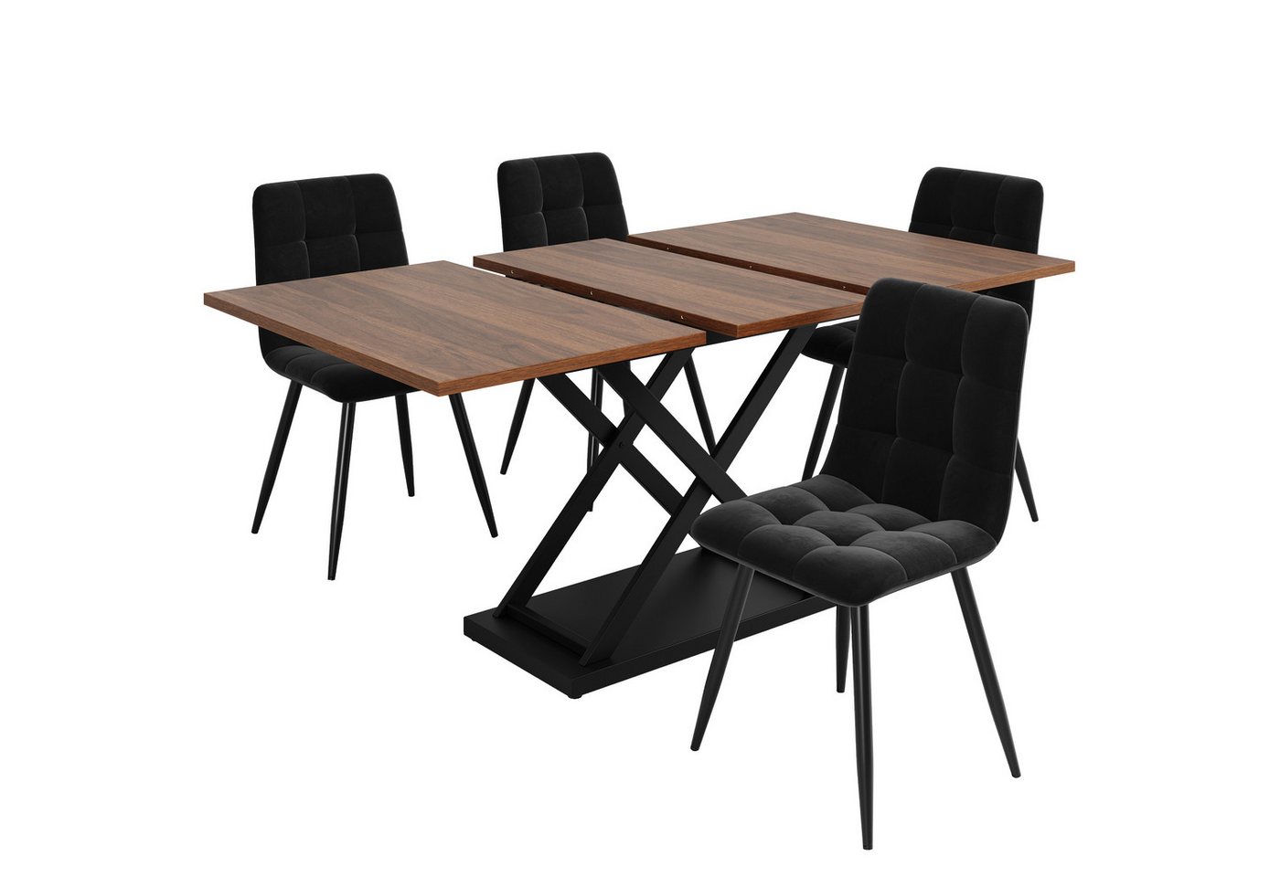Flieks Essgruppe, (Set, 5-tlg., 120-160x80cm Tischplatte), ausziehbar Esstisch mit 4 Stühlen Set Küchetisch Esszimmerstuhl Samt – Bild 3 von 5