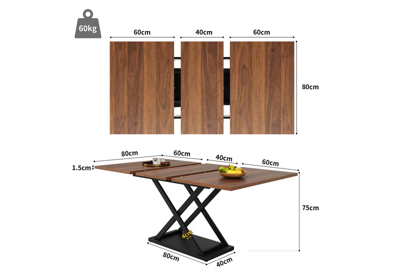 Flieks Essgruppe, (Set, 5-tlg., 120-160x80cm Tischplatte), ausziehbar Esstisch mit 4 Stühlen Set Küchetisch Esszimmerstuhl Samt – Bild 4 von 5