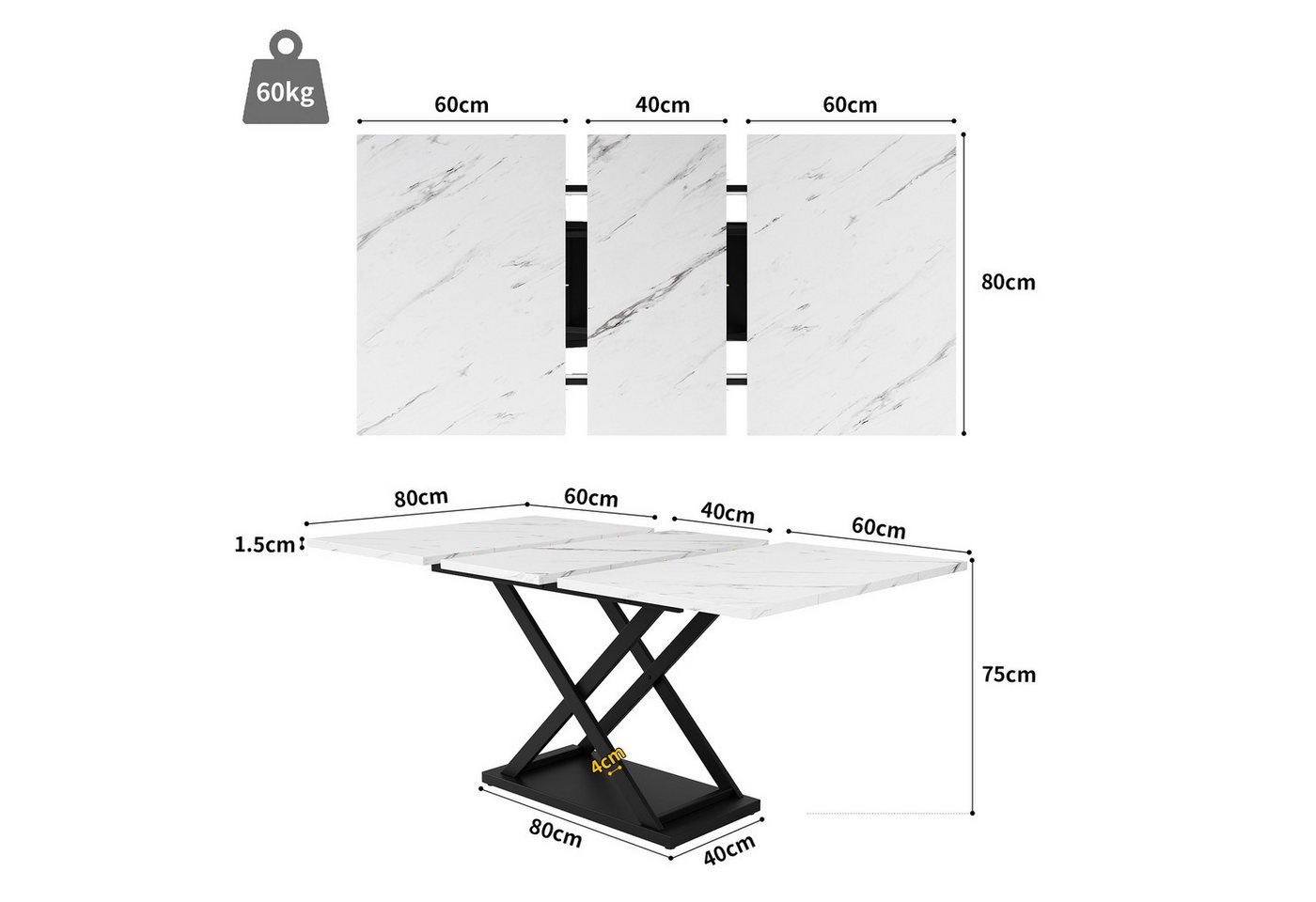 Flieks Esstisch (1-St., erweiterbar 120-160×80cm Tischplatte, für 4-8 Personen), ausziehbar Küchentisch rechteckig Schreibtisch, Eisenbeine – Bild 4 von 5