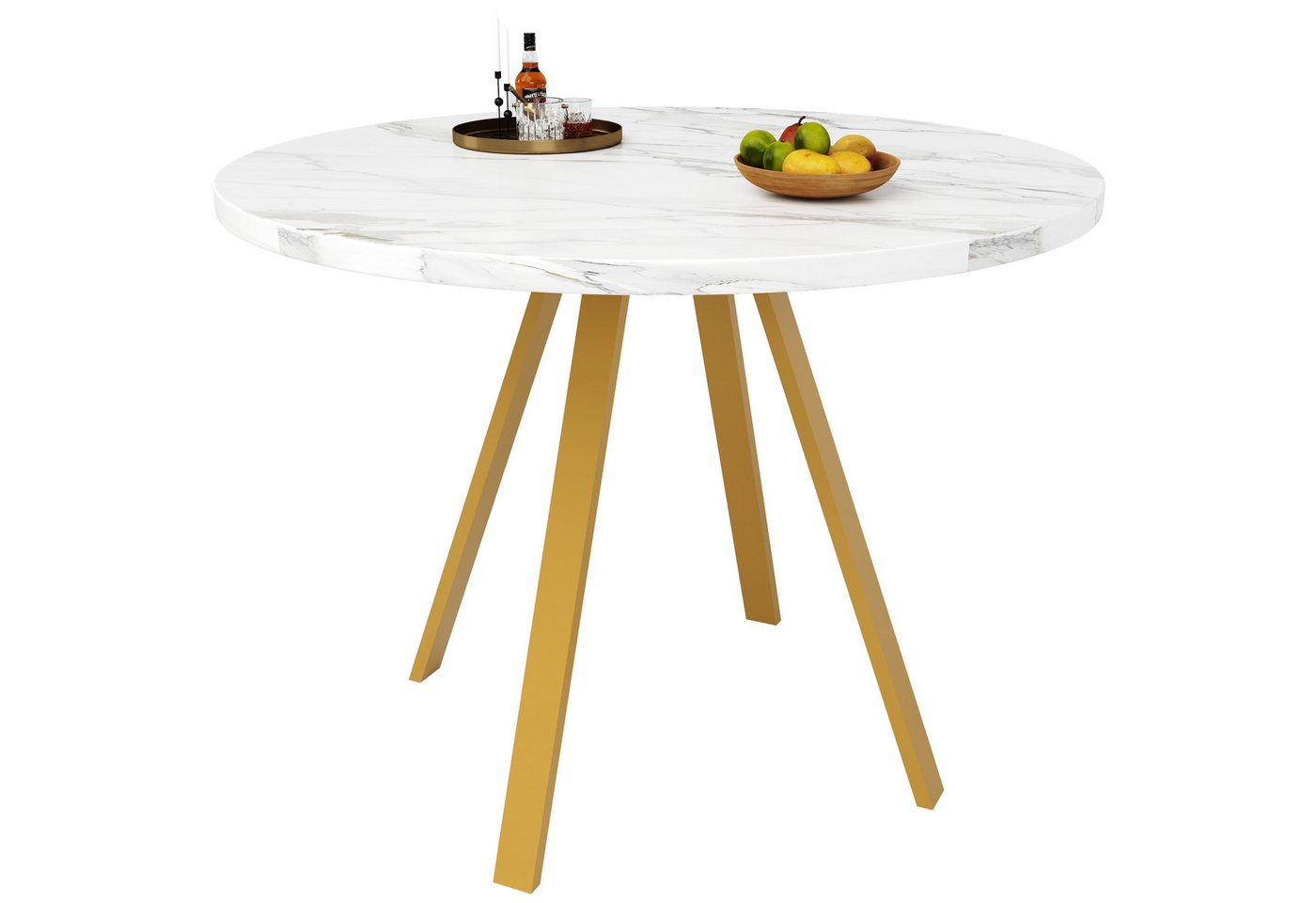 Flieks Esstisch (1-St., 1 Tisch 80x75 cm), runder Küchentisch weiße Marmoroptik Schreibtisch, Eisenbeine – Bild 3 von 5