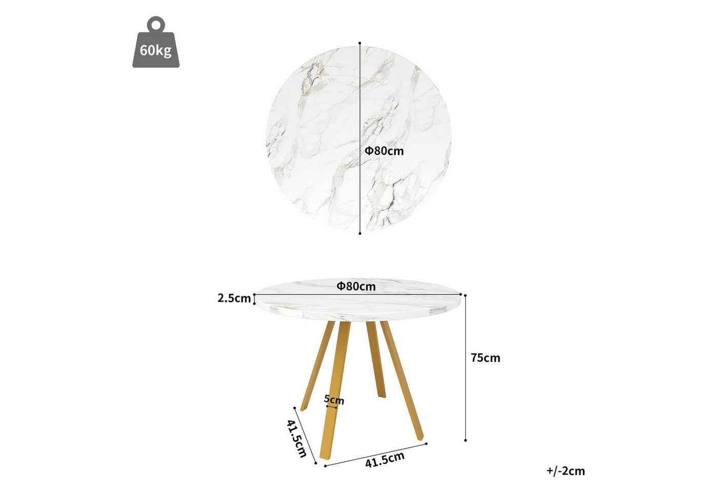 Flieks Esstisch (1-St., 1 Tisch 80x75 cm), runder Küchentisch weiße Marmoroptik Schreibtisch, Eisenbeine – Bild 4 von 5