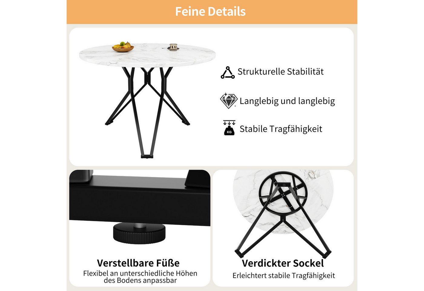 Flieks Esstisch (100x76 cm, 1-St., 1 Tisch), runder Küchentisch, Tischplatte in weiße Marmoroptik, Metallbeine – Bild 5 von 5