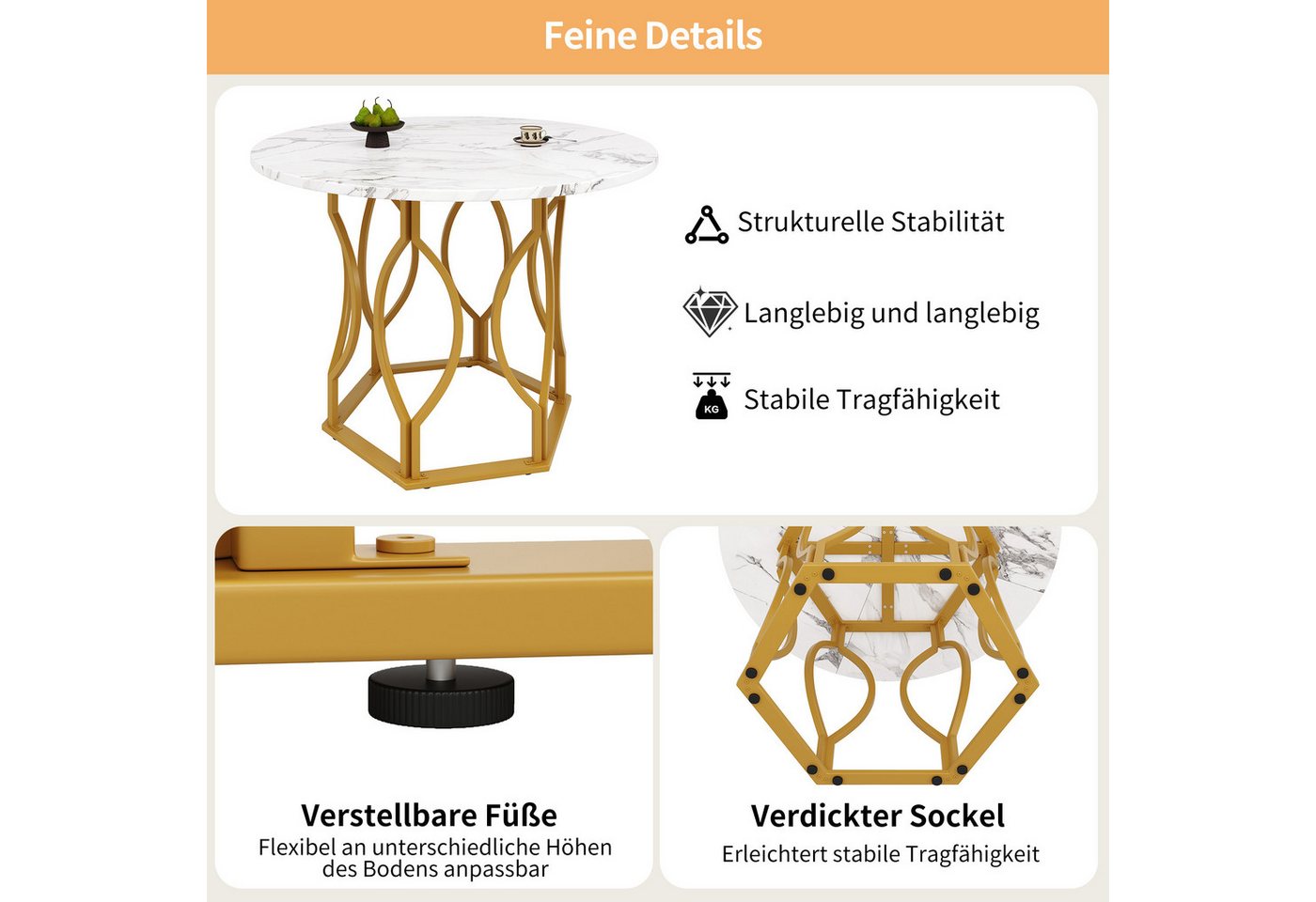 Flieks Esstisch (100x76 cm, 1-St., 1 Tisch), runder Küchentisch, Tischplatte in weiße Marmoroptik, Metallbeine – Bild 5 von 5