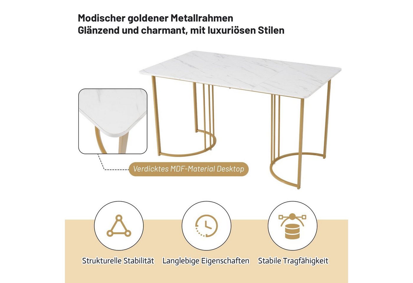 Flieks Esstisch (140*80*75 cm, 1-St., nur Tisch), rechteckig Küchentisch Marmoroptik Schreibtisch, Metallbeine – Bild 5 von 5
