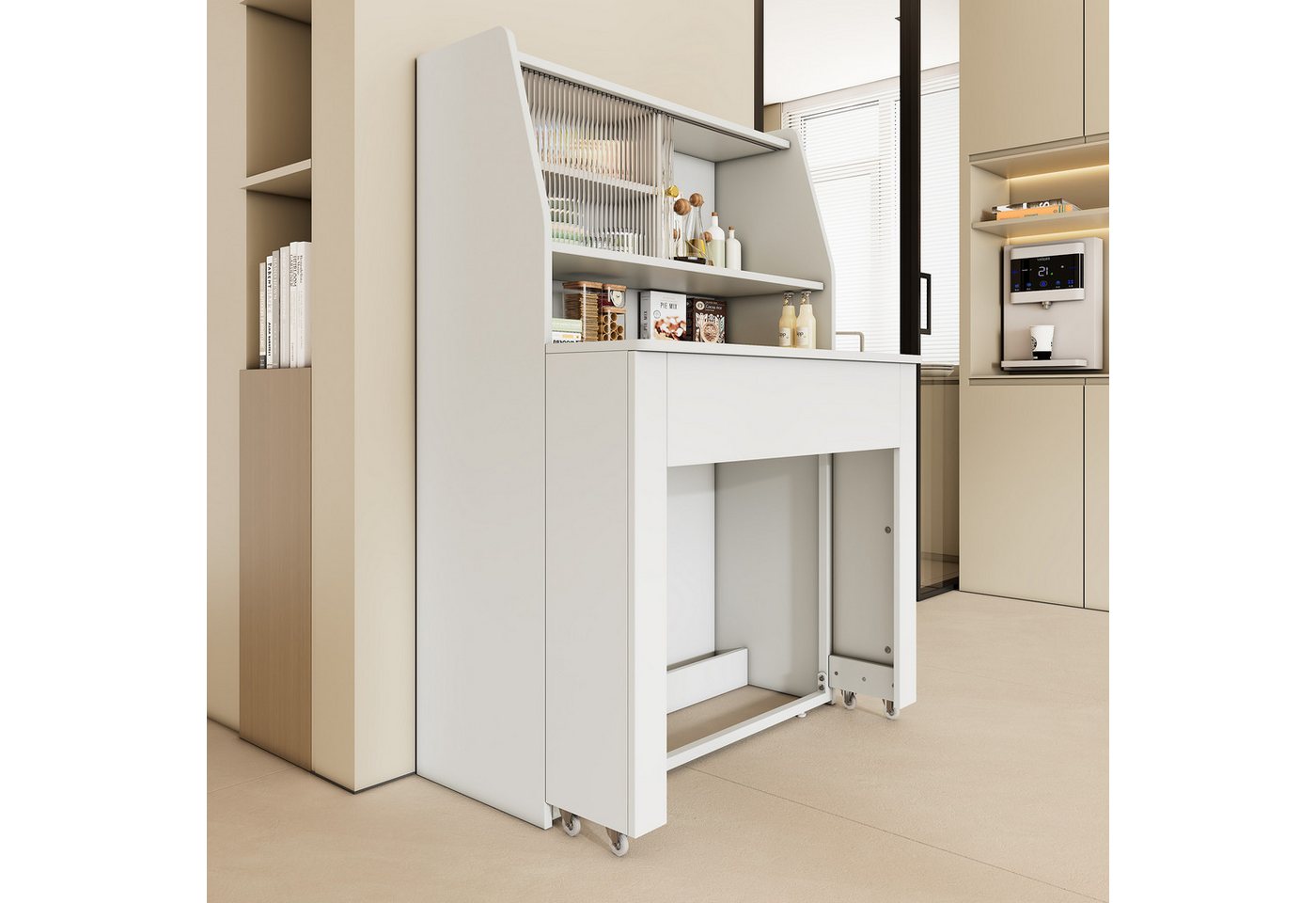 Flieks Esstisch (4 einstellbare Längen, 1-St), ausziehbar 52-132,5 cm Küchentisch mit Stauschrank Sideboard, weiß – Bild 2 von 5