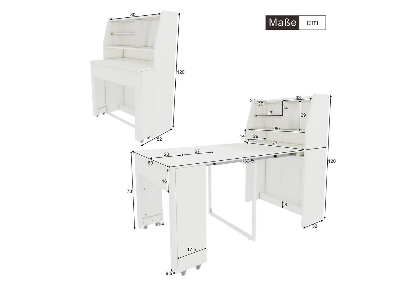 Flieks Esstisch (4 einstellbare Längen, 1-St), ausziehbar 52-132,5 cm Küchentisch mit Stauschrank Sideboard, weiß – Bild 3 von 5