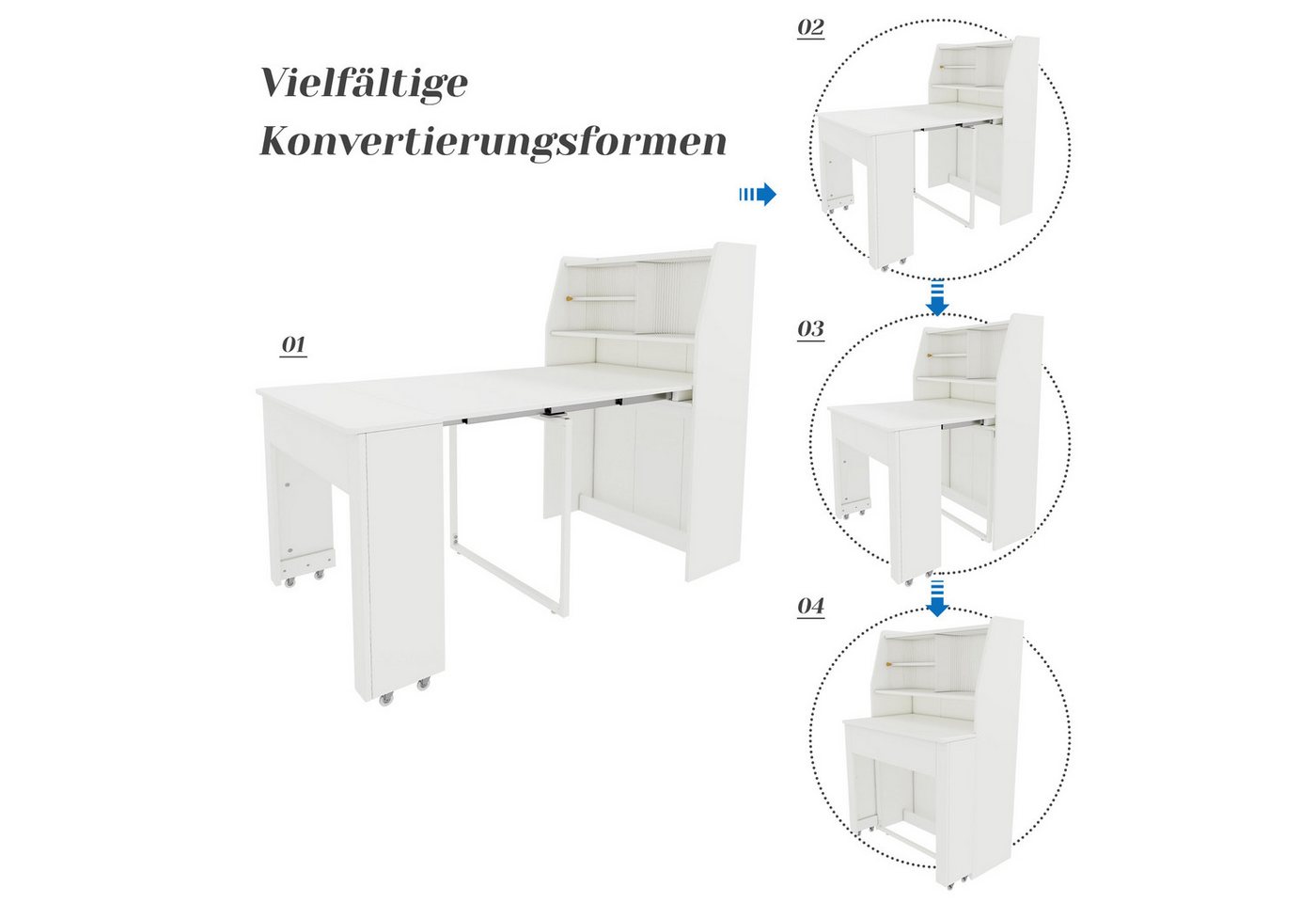 Flieks Esstisch (4 einstellbare Längen, 1-St), ausziehbar 52-132,5 cm Küchentisch mit Stauschrank Sideboard, weiß – Bild 4 von 5