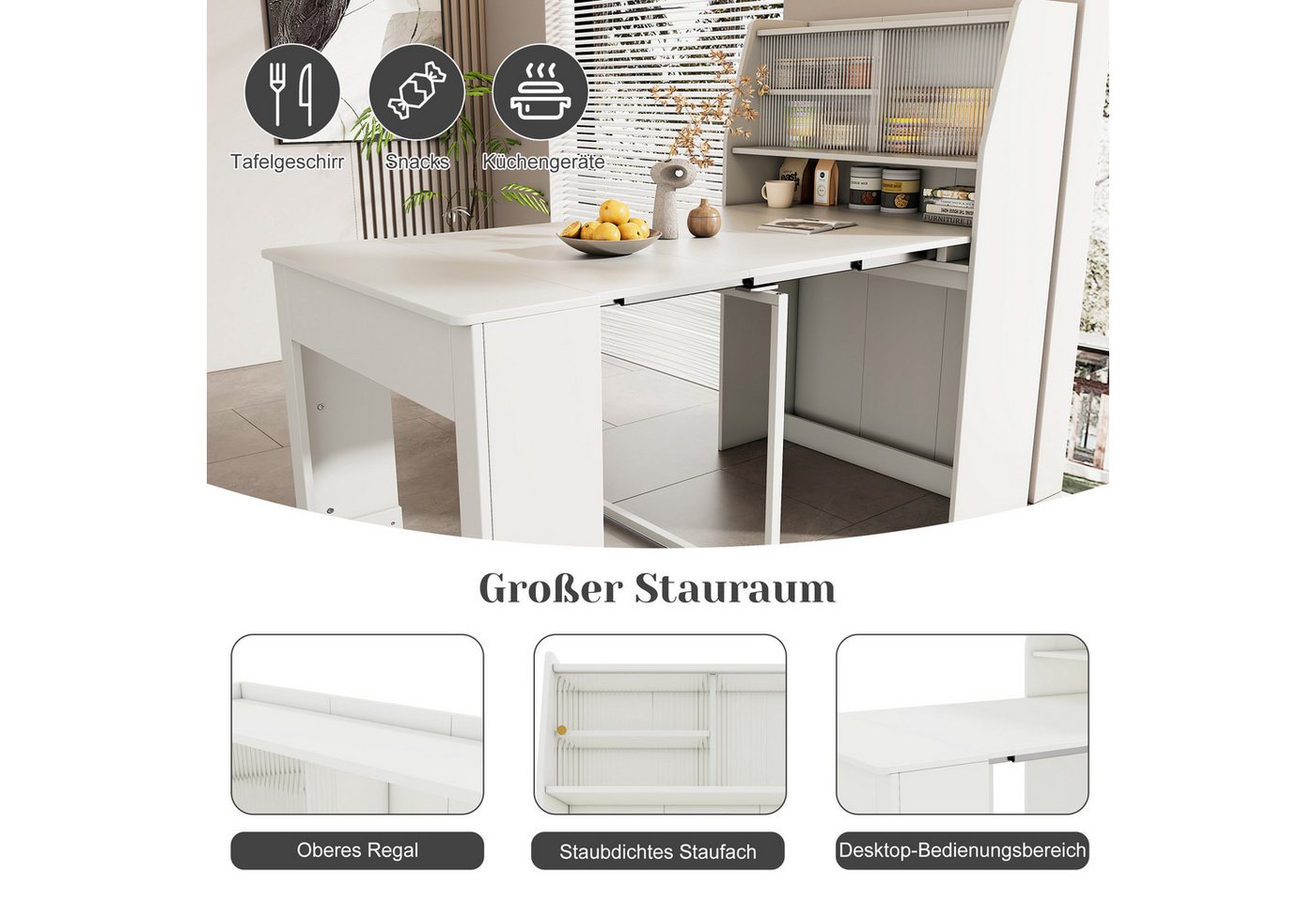 Flieks Esstisch (4 einstellbare Längen, 1-St), ausziehbar 52-132,5 cm Küchentisch mit Stauschrank Sideboard, weiß – Bild 5 von 5