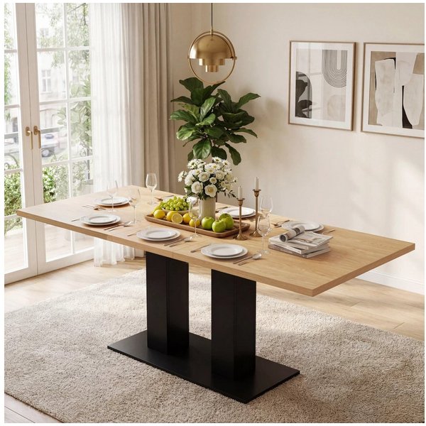 Flieks Esstisch (Länge 140-180/T70/H75 cm, Tischplattenstärke 3cm, 1-St., 1 Tisch), ausziehbarer Küchentisch rechteckig Bürotisch Holzptik Natur&Schwarz