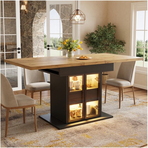 Flieks Esstisch mit LED-Beleuchtung, Glas-Doppeltüren & versteckte Schubladen (Längenverstellbar 110-140x80x78 cm, 1-St., 1 Tisch), ausziehbarer Küchentisch Bür