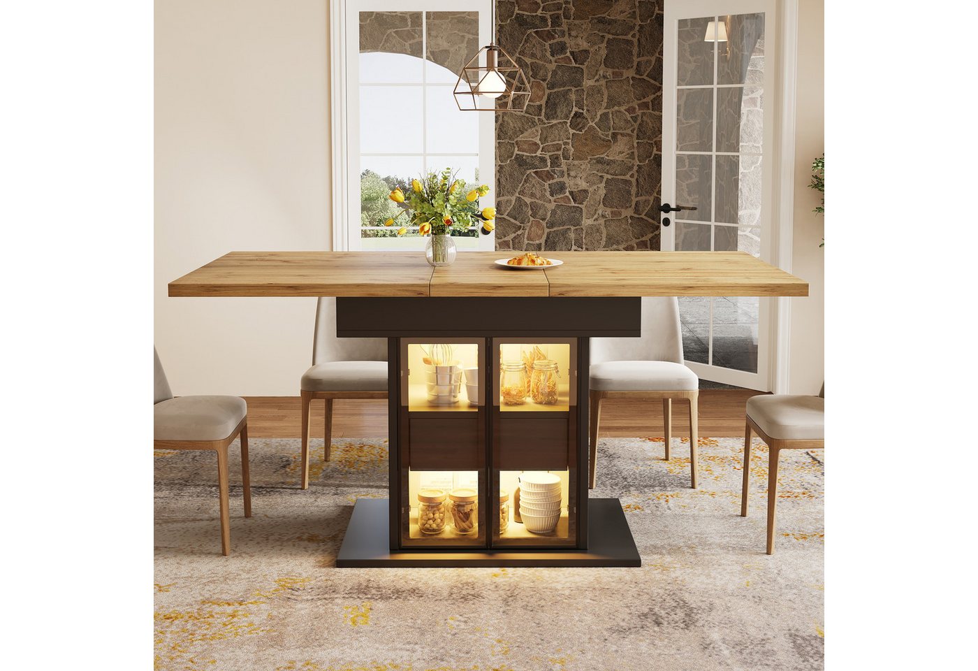 Flieks Esstisch mit LED-Beleuchtung, Glas-Doppeltüren & versteckte Schubladen (Längenverstellbar 110-140x80x78 cm, 1-St., 1 Tisch), ausziehbarer Küchentisch Bür – Bild 3 von 5