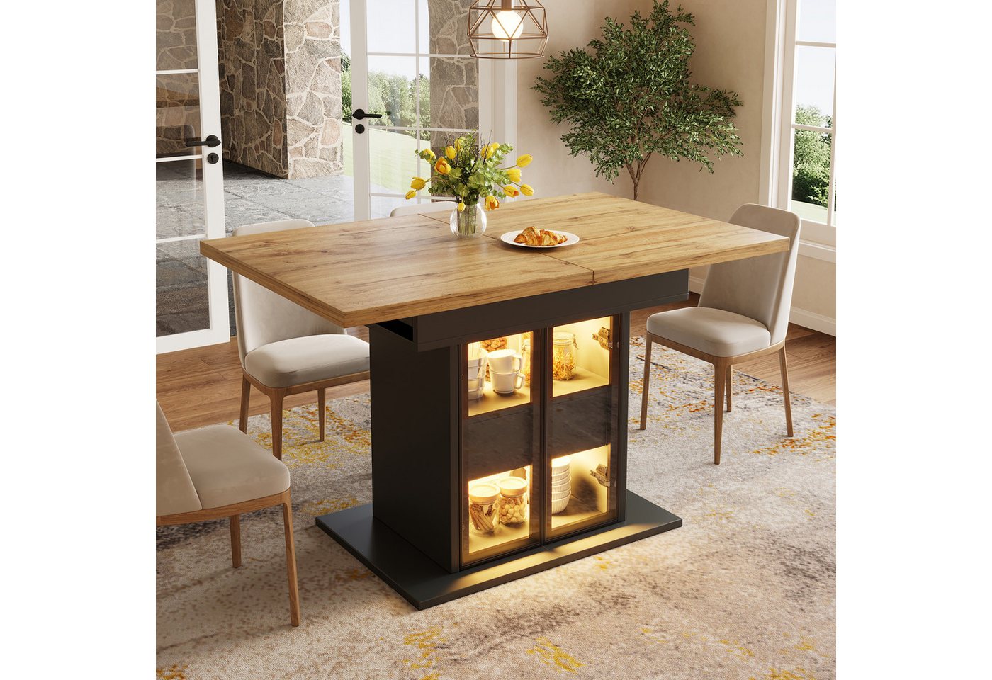 Flieks Esstisch mit LED-Beleuchtung, Glas-Doppeltüren & versteckte Schubladen (Längenverstellbar 110-140x80x78 cm, 1-St., 1 Tisch), ausziehbarer Küchentisch Bür – Bild 4 von 5
