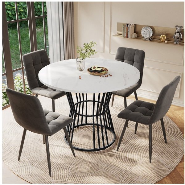 Flieks Esstisch runde Tischplatte in Marmoroptik Weiß (100x75 cm, 1-St., 1 Tisch), Küchentisch Bürotisch Multifunktionstisch, Metallgestell Schwarz
