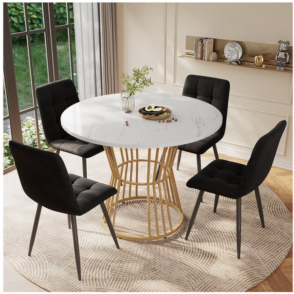 Flieks Esstisch runde Tischplatte in Marmoroptik Weiß (100x75 cm, 1-St., 1 Tisch), Küchentisch Bürotisch Multifunktionstisch, Metallgestell Schwarz