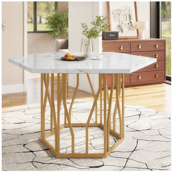 Flieks Esstisch sechseckiger Küchentisch (115,5x100x75 cm, 1-St., 1 Tisch), Schreibtisch mit weiße Marmoroptik und schwarzes Metallzweiggestell