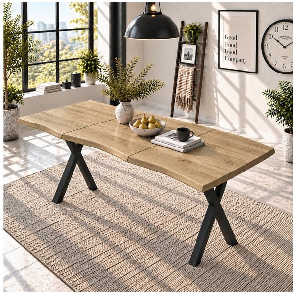 Flieks Esstisch Wellenförmiges Tischplattendesign, verdickte Tischplatte 2,8cm (160x78x77 cm, 1-St., 1 Tisch), rechteckig Schreibtisch Multifunktionstisch Natur
