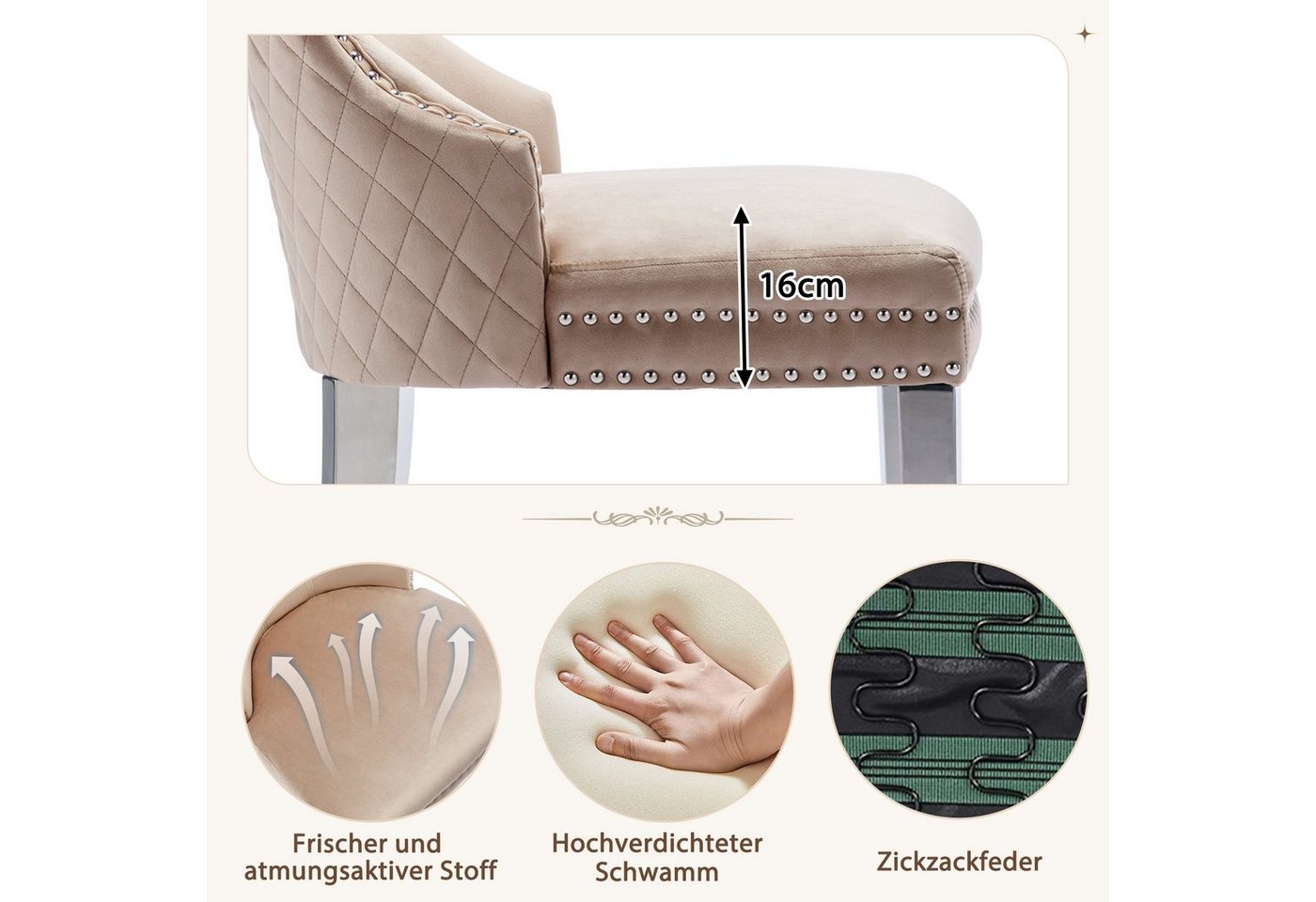 Flieks Esszimmerstuhl (6 St), 6er Set Polsterstuhl Wohnzimmerstuhl Küchenstühle, Beine aus Edelstahl – Bild 4 von 5
