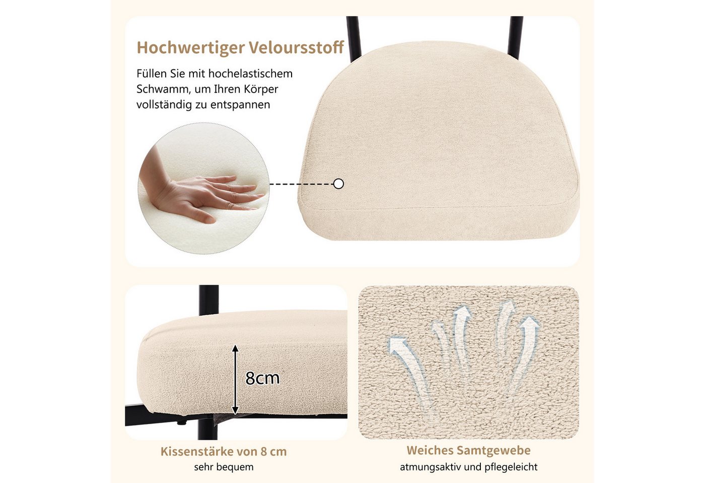Flieks Esszimmerstuhl (Set, 2 St), 2er Set Polsterstühle Wohnzimmer Samt Küchenstühle Eisengestell – Bild 4 von 5