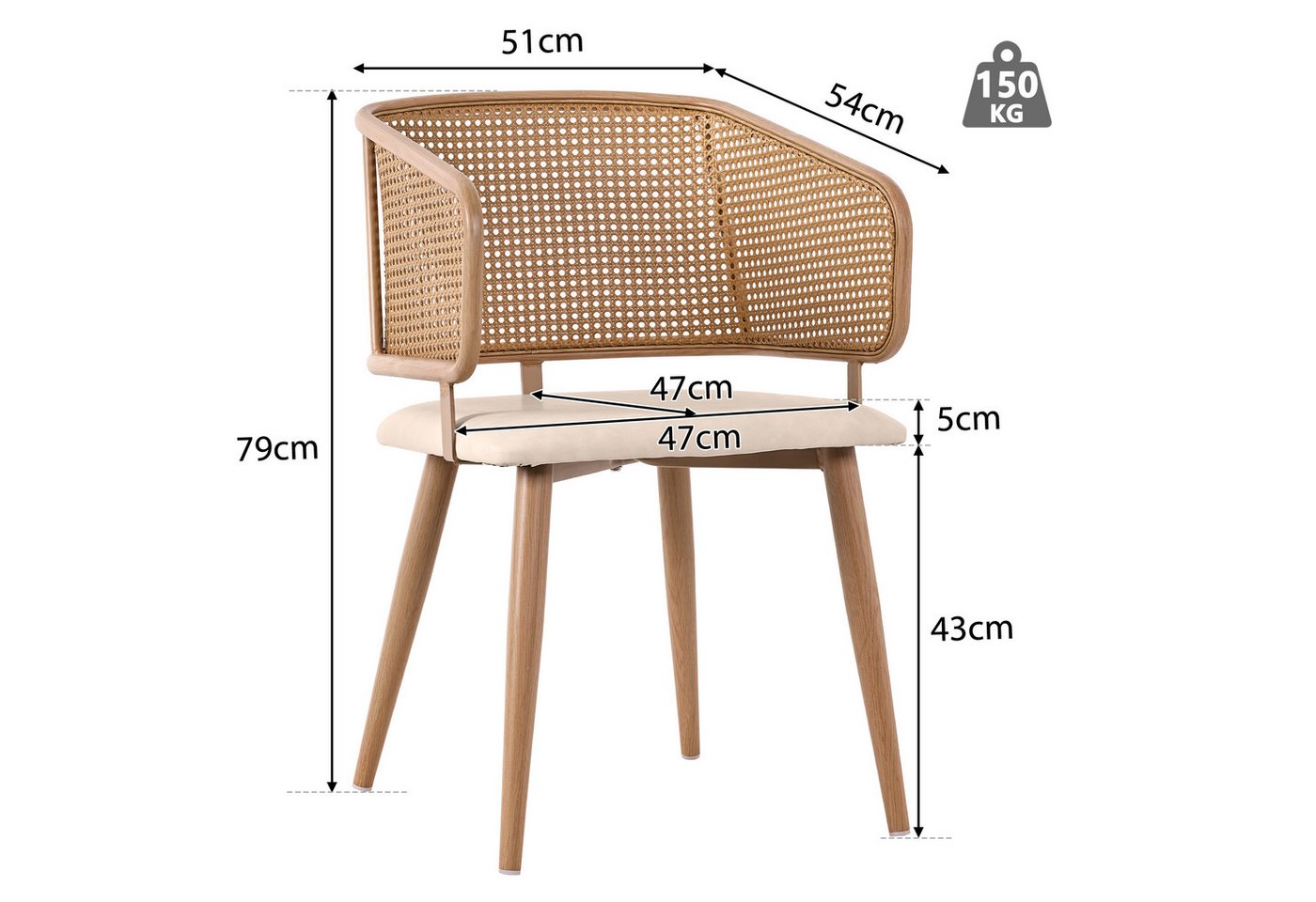 Flieks Esszimmerstuhl (Set, Eisengestell, 4 St), 4er Set Polsterstühle mit Armlehnen Rattanstuhl Kunstleder Wohnzimmer – Bild 3 von 5
