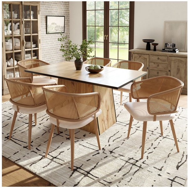 Flieks Esszimmerstuhl (Set, Eisengestell, 6 St), 6er Set Polsterstühle mit Armlehnen Rattanstuhl Kunstleder Wohnzimmer