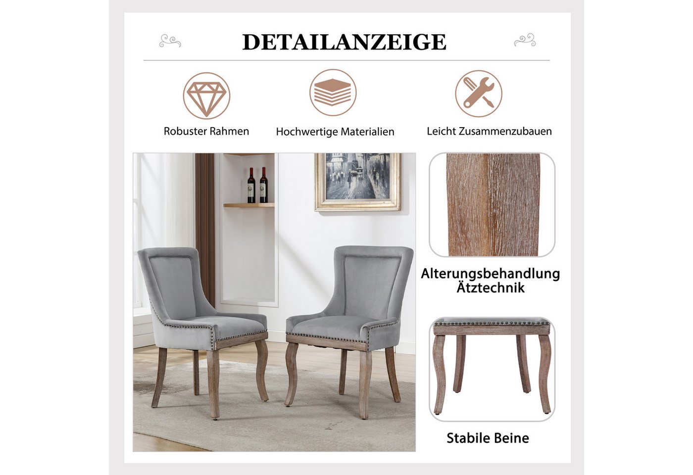 Flieks Esszimmerstuhl (Set, 4 St), 4er Set Polsterstühle Küchenstühle Samt Wohnzimmer Massivholzbeine – Bild 5 von 5