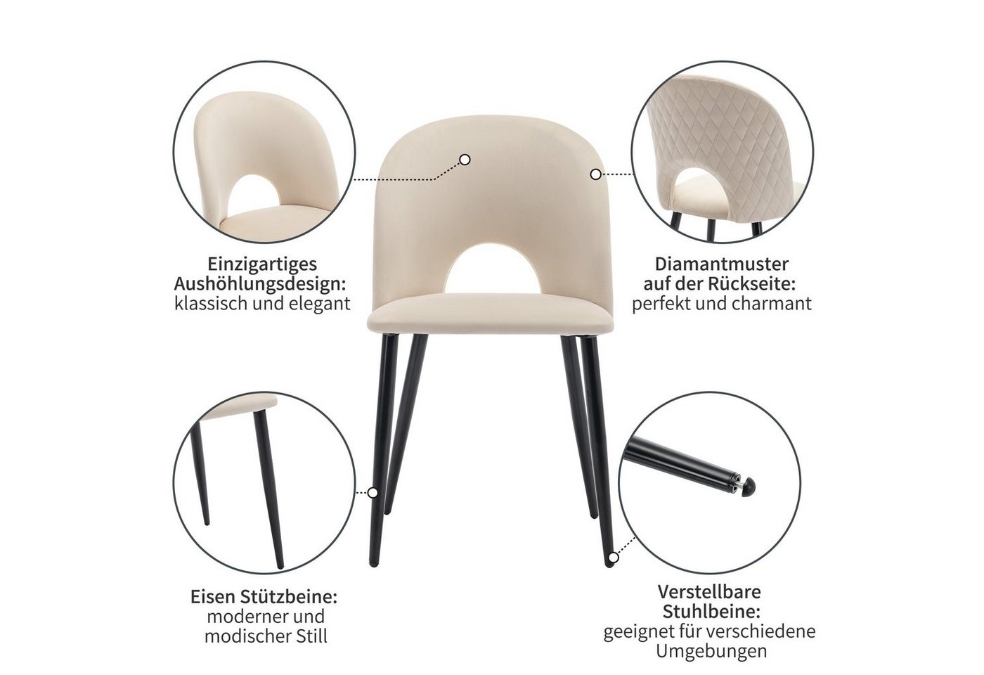 Flieks Esszimmerstuhl (Set, 6 St), 6er Set Polsterstühle Wohnzimmerstuhl Samt, Metallbeine – Bild 5 von 5