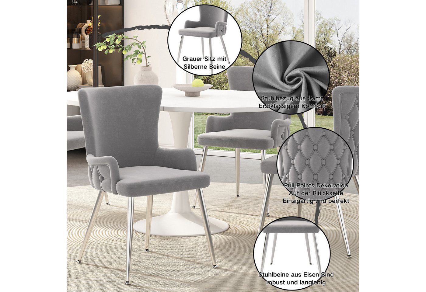 Flieks Esszimmerstuhl (Set, 2 St), 2er Set Polsterstühle Küchenstühle Samt Wohnzimmer Metallbeine – Bild 4 von 5