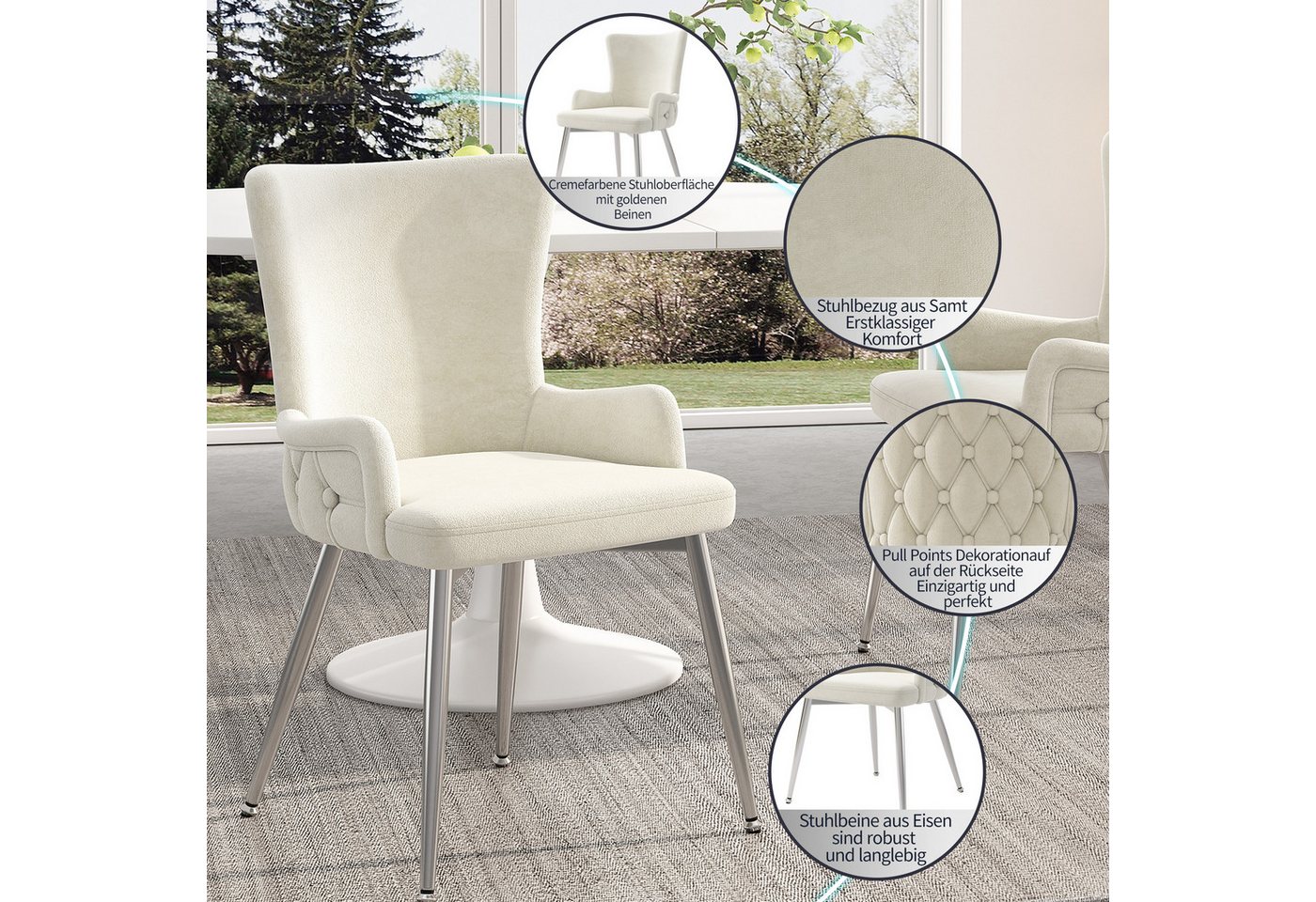 Flieks Esszimmerstuhl (Set, 6 St), 6er Set Polsterstühle Küchenstühle Samt Wohnzimmer Metallbeine – Bild 4 von 5
