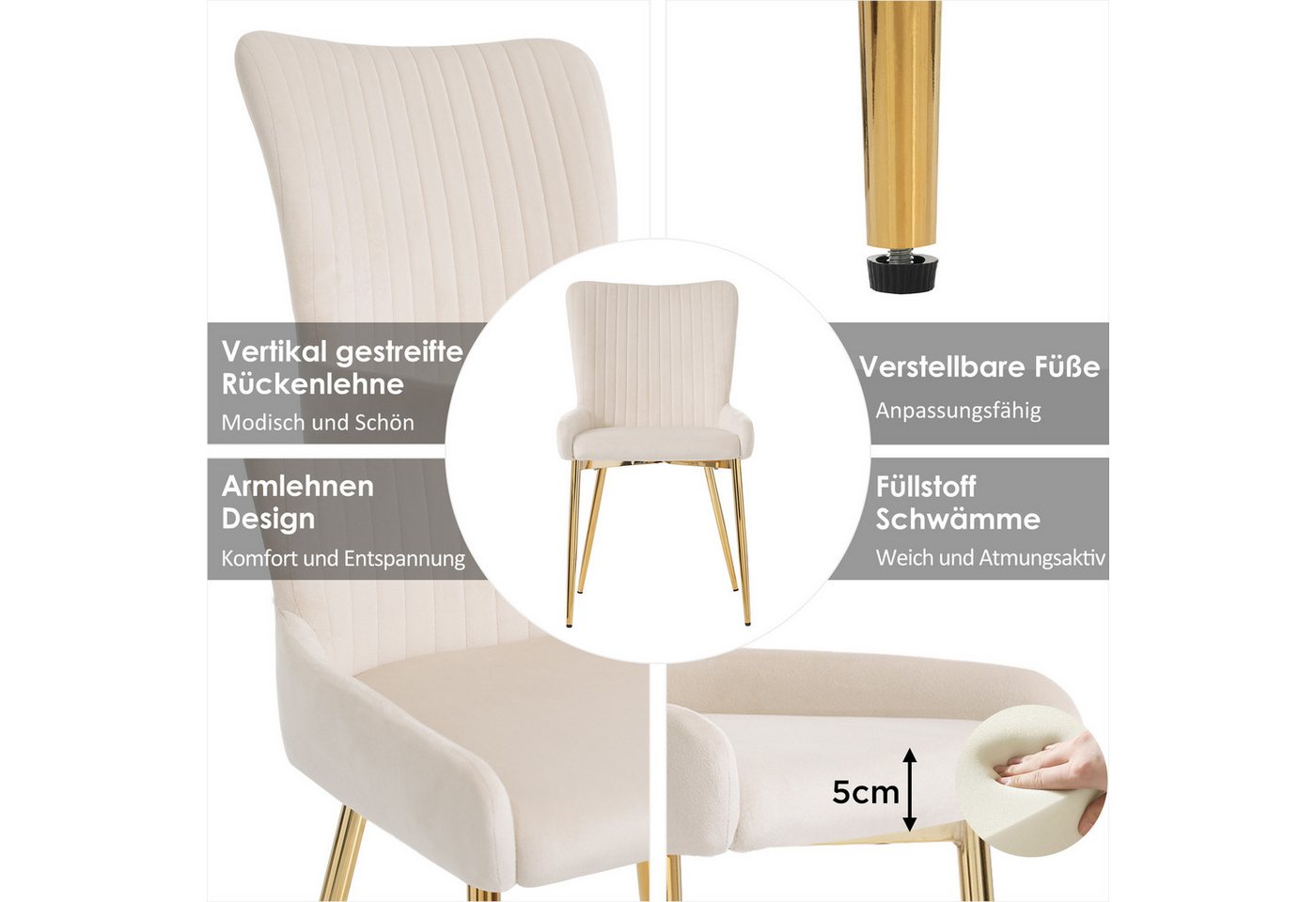 Flieks Esszimmerstuhl (Set, 6 St), 6er Set Polsterstühle Wohnzimmerstuhl mit Rückenlehne Metallbeine Samt – Bild 4 von 5