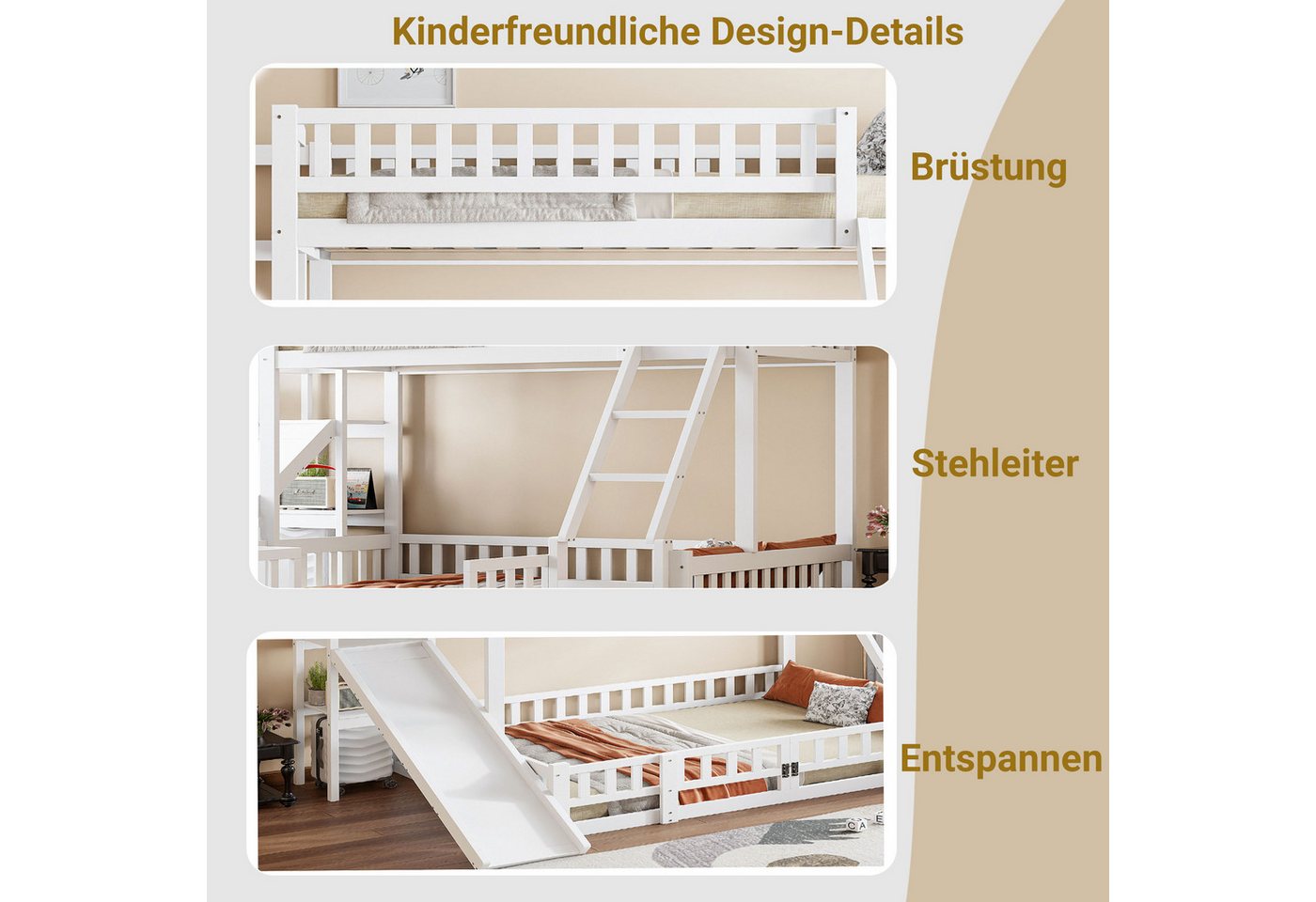 Flieks Etagenbett, Kinderbett Holzbett 90x200+140x200cm mit Ausfallschutz Rutsche Leiter – Bild 4 von 5