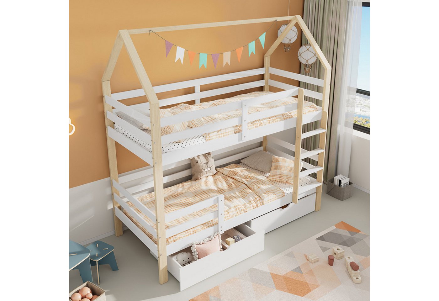 Flieks Etagenbett, Hochbett Kiefer Kinderbett mit 2 großen Schubladen 90*200cm – Bild 3 von 5