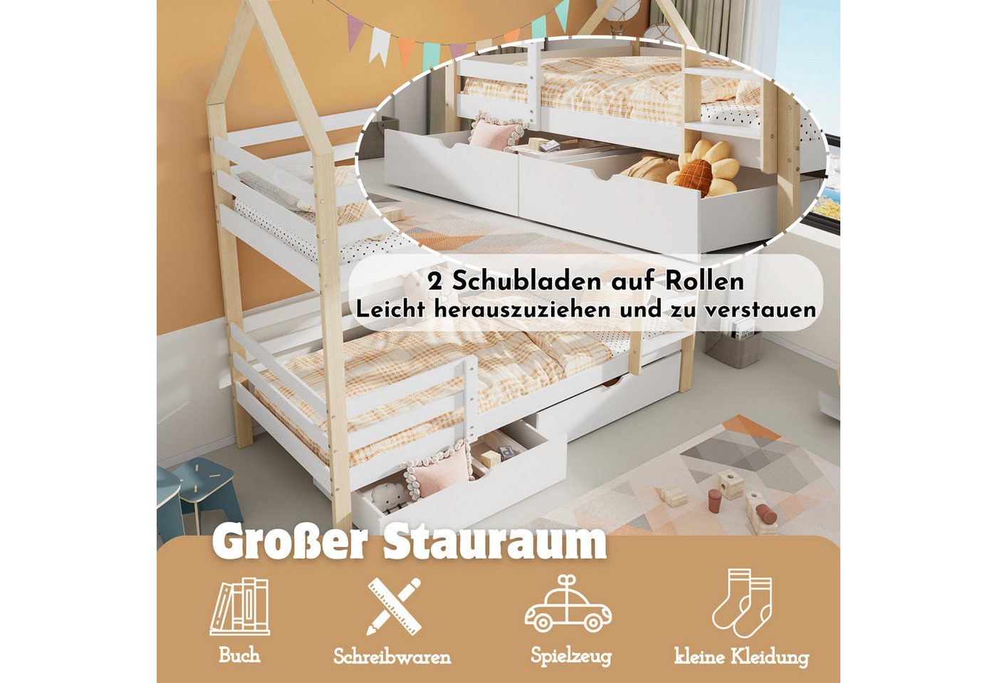 Flieks Etagenbett, Hochbett Kiefer Kinderbett mit 2 großen Schubladen 90*200cm – Bild 4 von 5