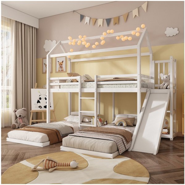 Flieks Etagenbett, Kinderbett Dreierbett 90x200cm mit oberem Lattenrost, Rutsche, Leiter