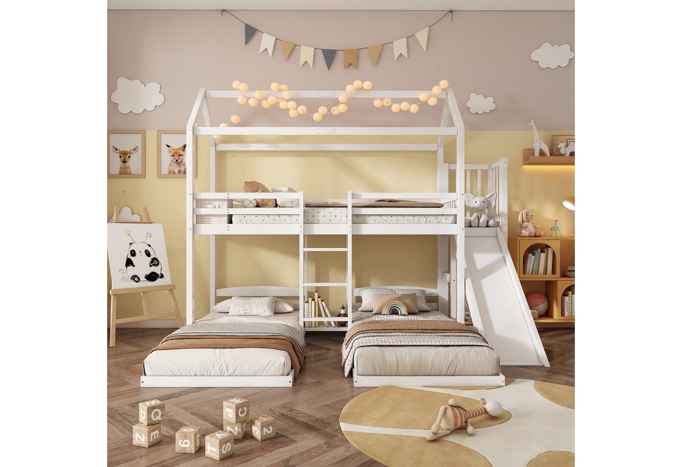 Flieks Etagenbett, Kinderbett Dreierbett 90x200cm mit oberem Lattenrost, Rutsche, Leiter – Bild 2 von 5