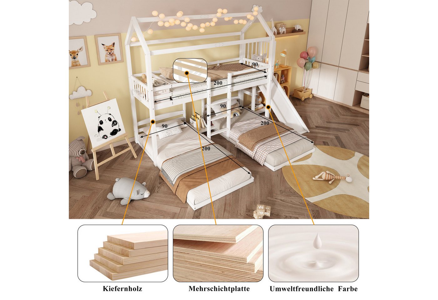 Flieks Etagenbett, Kinderbett Dreierbett 90x200cm mit oberem Lattenrost, Rutsche, Leiter – Bild 5 von 5