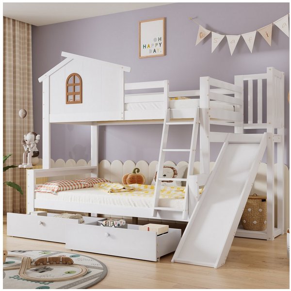 Flieks Etagenbett, Kinderbett mit Rutsche, Leiter und zwei Schubladen, 90x200cm+120x200cm