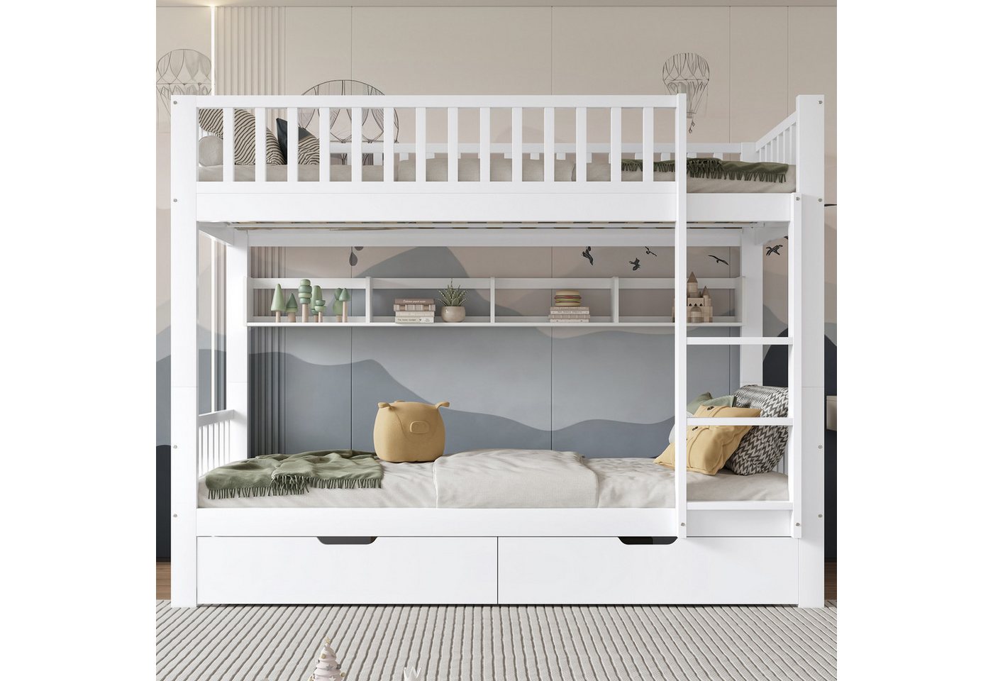 Flieks Etagenbett, Umwandelbares Kinderbett mit Leiter und 2 Schubladen 90x200cm – Bild 2 von 5