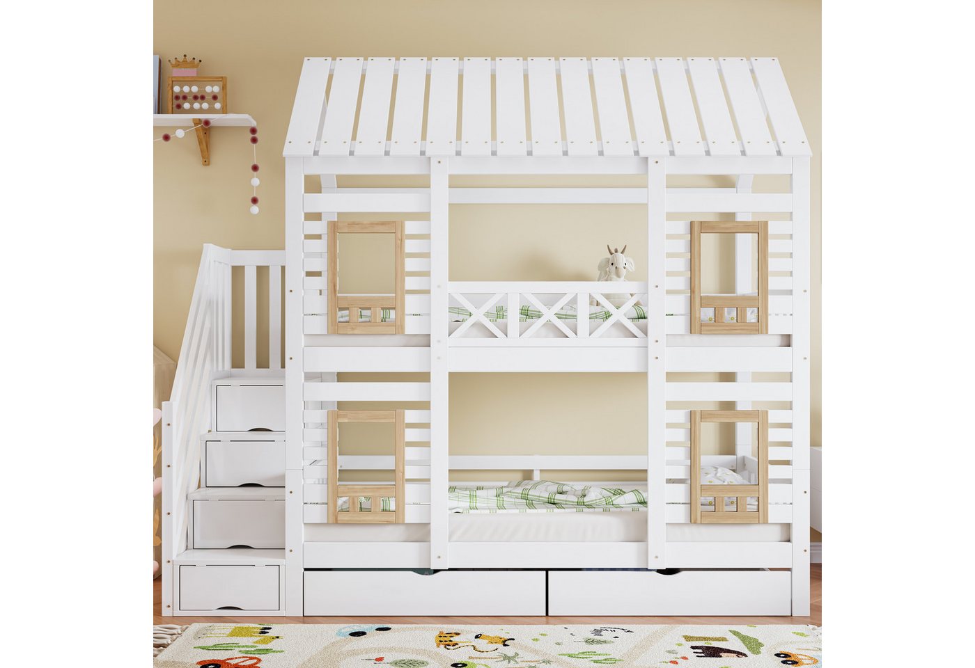 Flieks Etagenbett, Kinderbett Hausbett 90x200cm mit 2 Schubladen und Stauraumtreppe – Bild 2 von 5