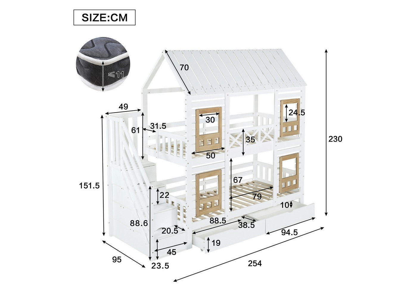 Flieks Etagenbett, Kinderbett Hausbett 90x200cm mit 2 Schubladen und Stauraumtreppe – Bild 4 von 5