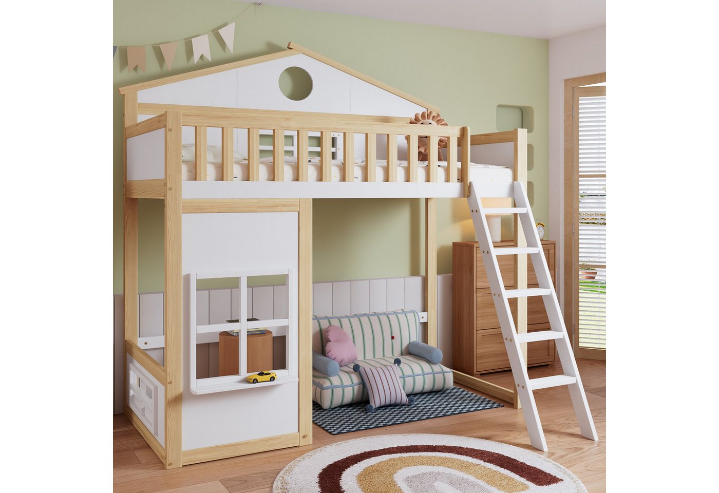 Flieks Etagenbett, Kinderbett Hausbett 90x200cm mit Dach, Fenster und oberem Lattenrost – Bild 2 von 5
