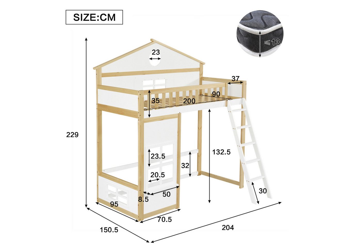 Flieks Etagenbett, Kinderbett Hausbett 90x200cm mit Dach, Fenster und oberem Lattenrost – Bild 4 von 5