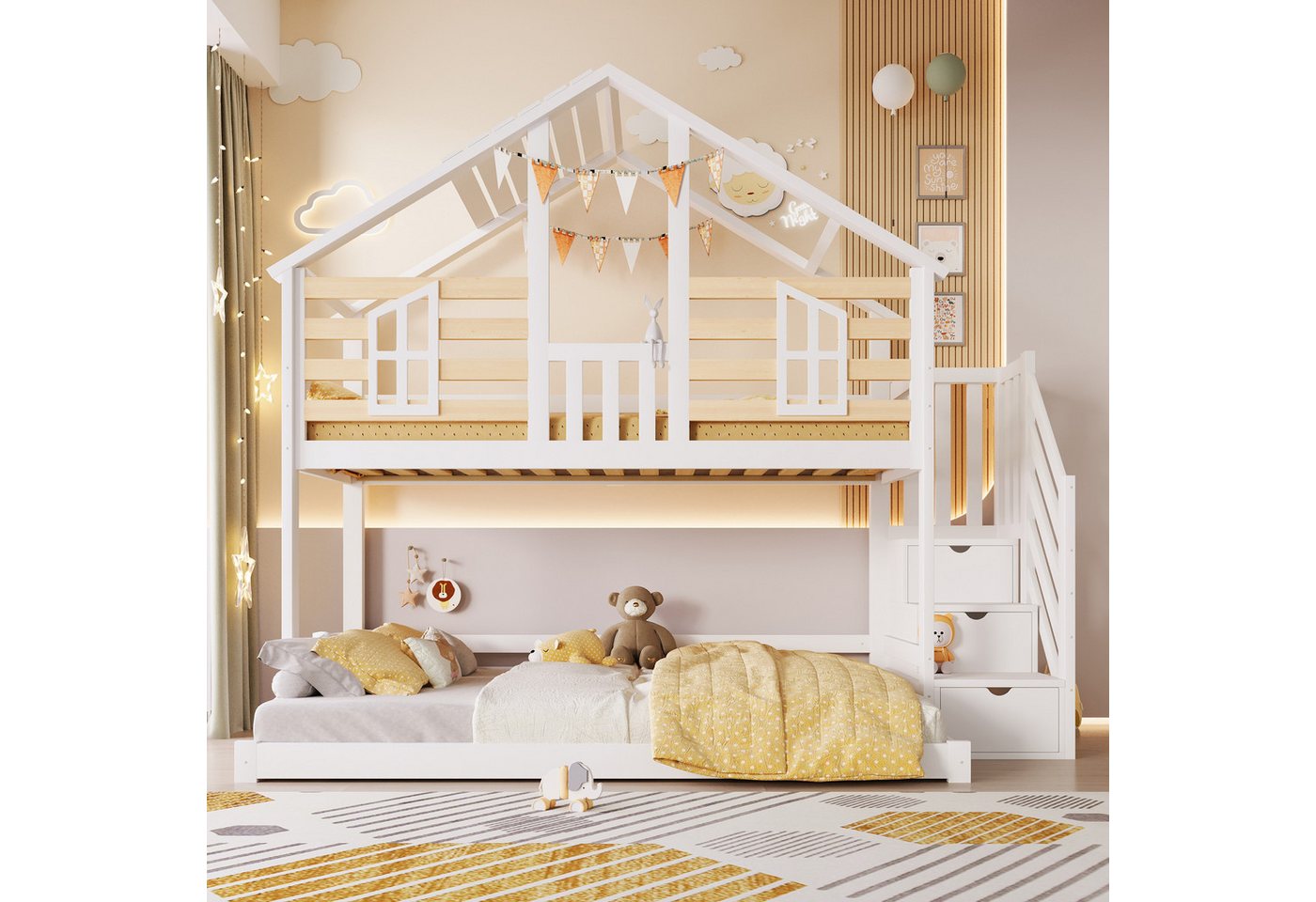 Flieks Etagenbett, Hausdesign Kinderbett 90x200cm+140x200cm mit Fenster & Stauraumtreppe – Bild 3 von 5