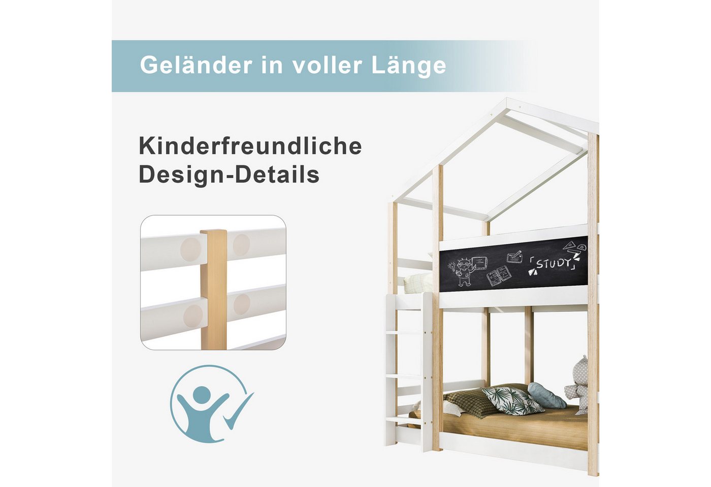 Flieks Etagenbett, Hochbett Hausbett Kinderbett Kiefernholzbett 90x200cm – Bild 5 von 5