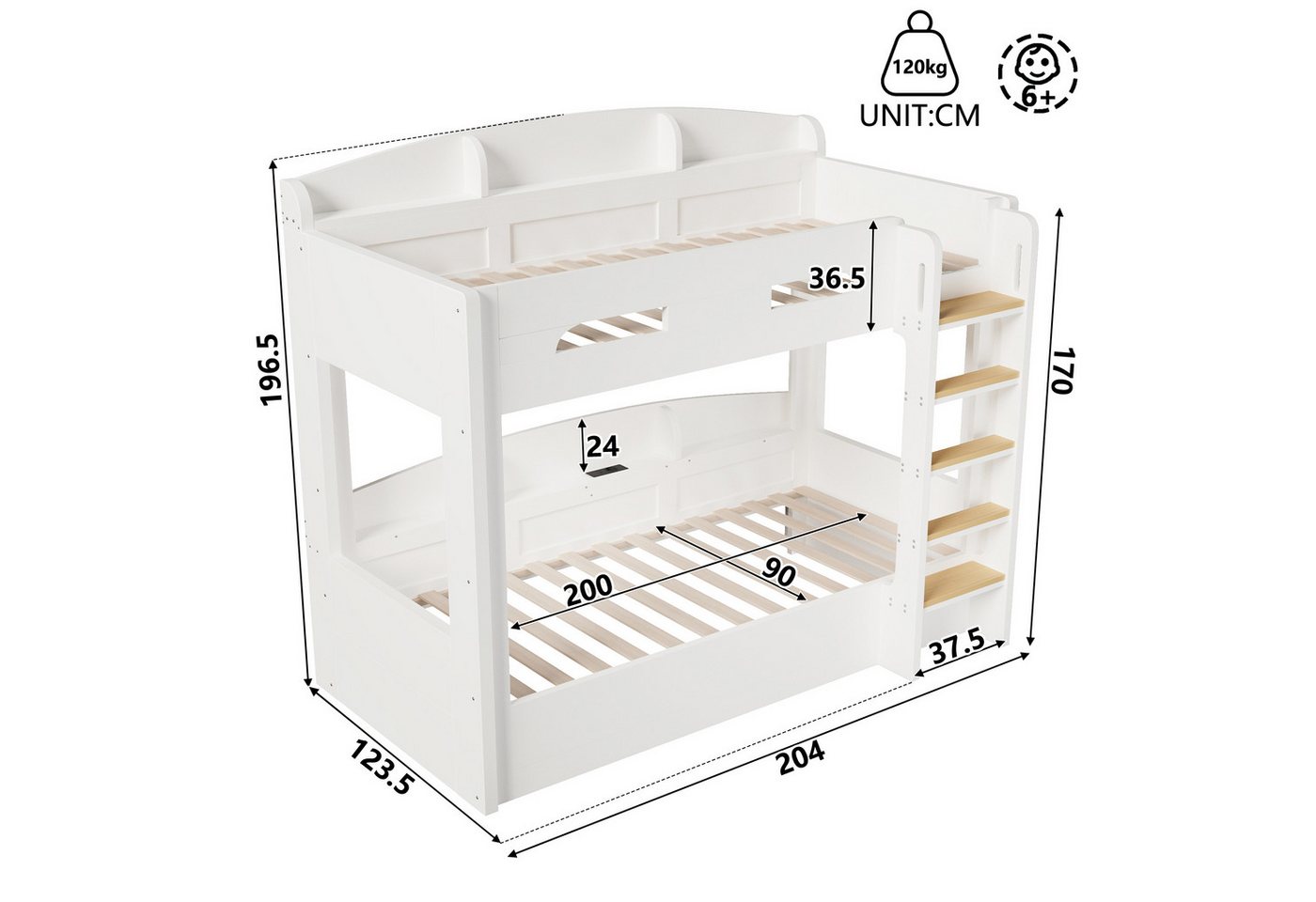 Flieks Etagenbett, Kinderbett 90x200cm mit Steckdose darunter und Ablagefächer – Bild 4 von 5