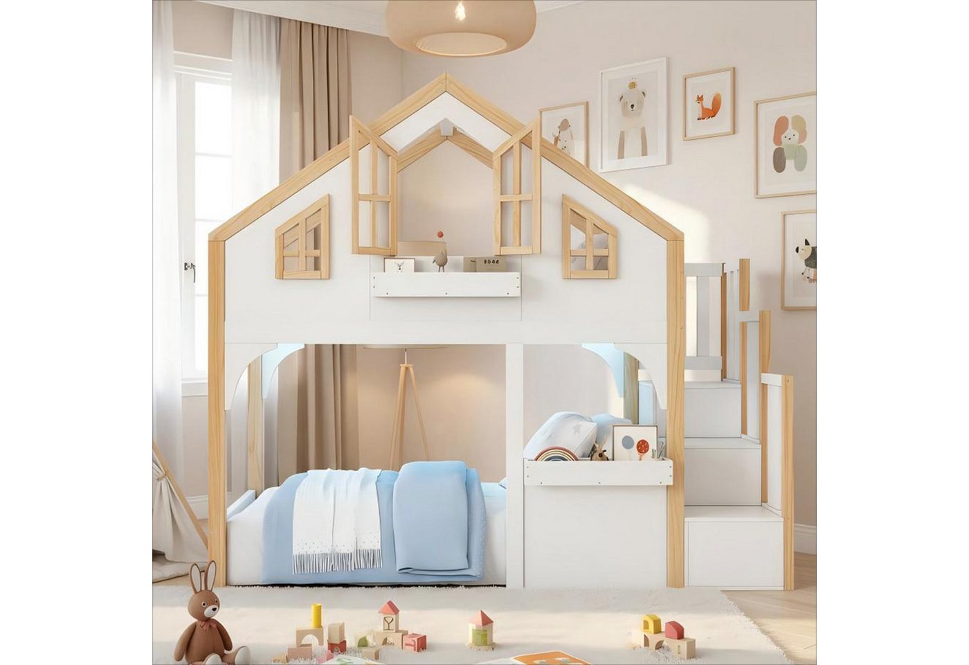 Flieks Etagenbett, Hochbett Kinderbett Hausbett 90x200cm mit LED-Leiste & Stauraumtreppe – Bild 3 von 5