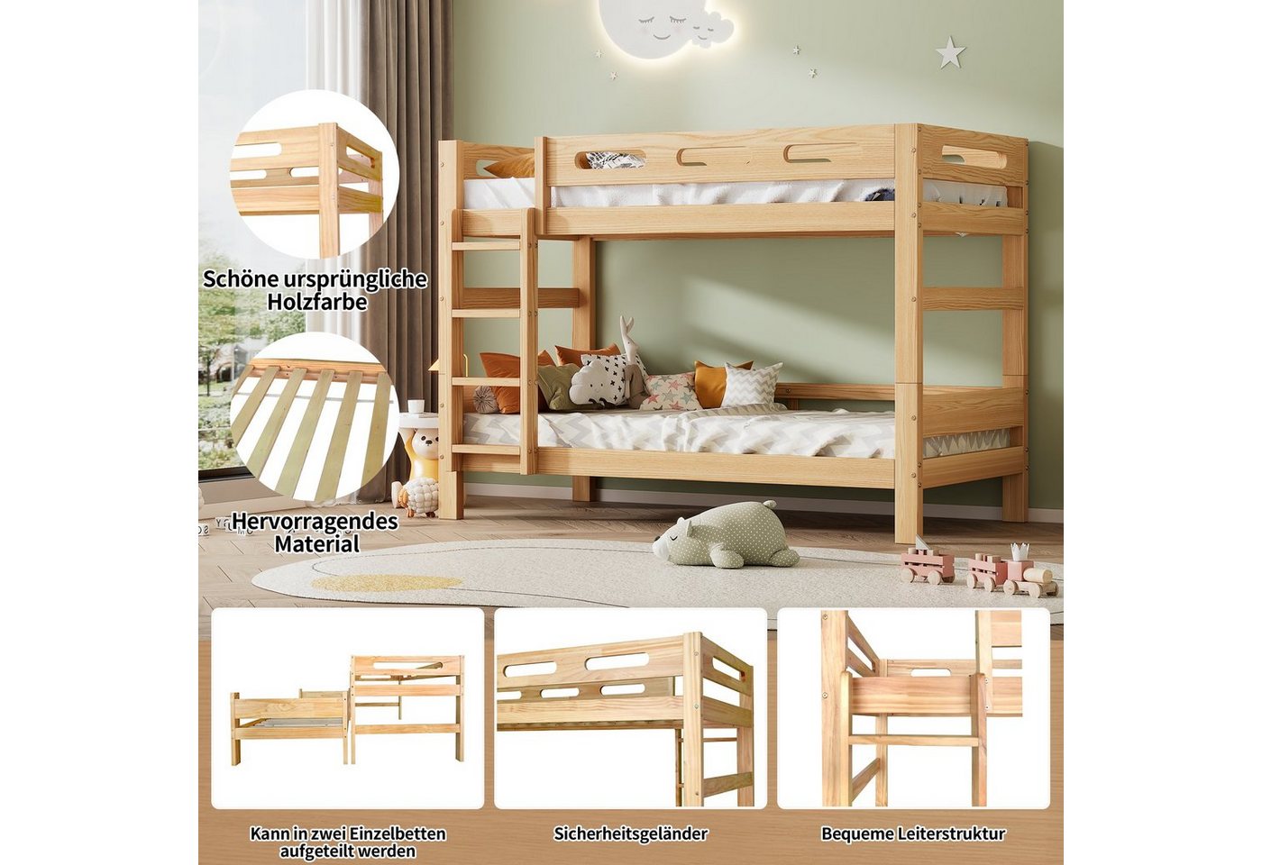 Flieks Etagenbett, Massivholzbett Kinderbett in 2 Einzelbetten umwandelbar 90x200cm – Bild 4 von 5
