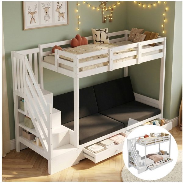 Flieks Etagenbett, Kinderbett 90x200cm mit vestellbarem Sofa 2 Schubladen Stauraumtreppe