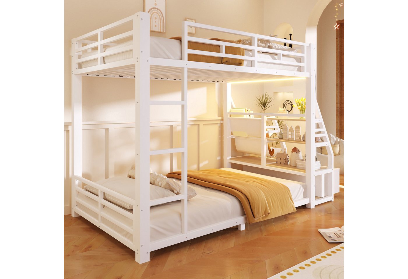 Flieks Etagenbett, Metall Kinderbett 90x200cm mit LED-Beleuchtung und seitlichem Stauraum – Bild 2 von 5