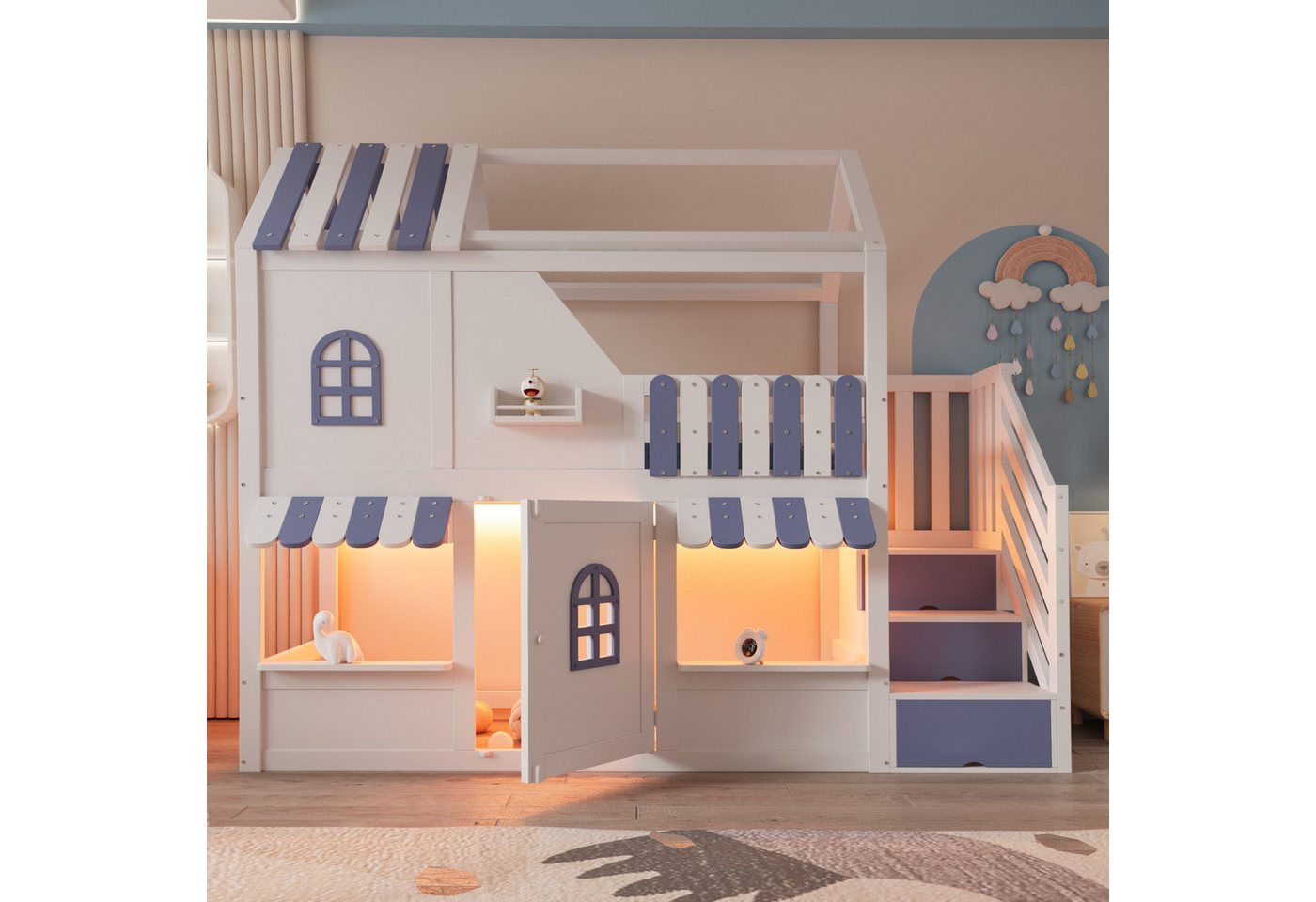 Flieks Etagenbett, Kinderbett Haus-Design 90×200cm mit Stauraumtreppe LED-Beleuchtung – Bild 3 von 5